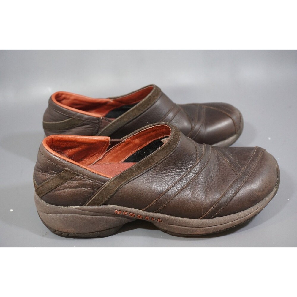 MERRELL Primo Patch Womens Sz 7.5 Leather Slip On Shoes Brown Clogs Casual
